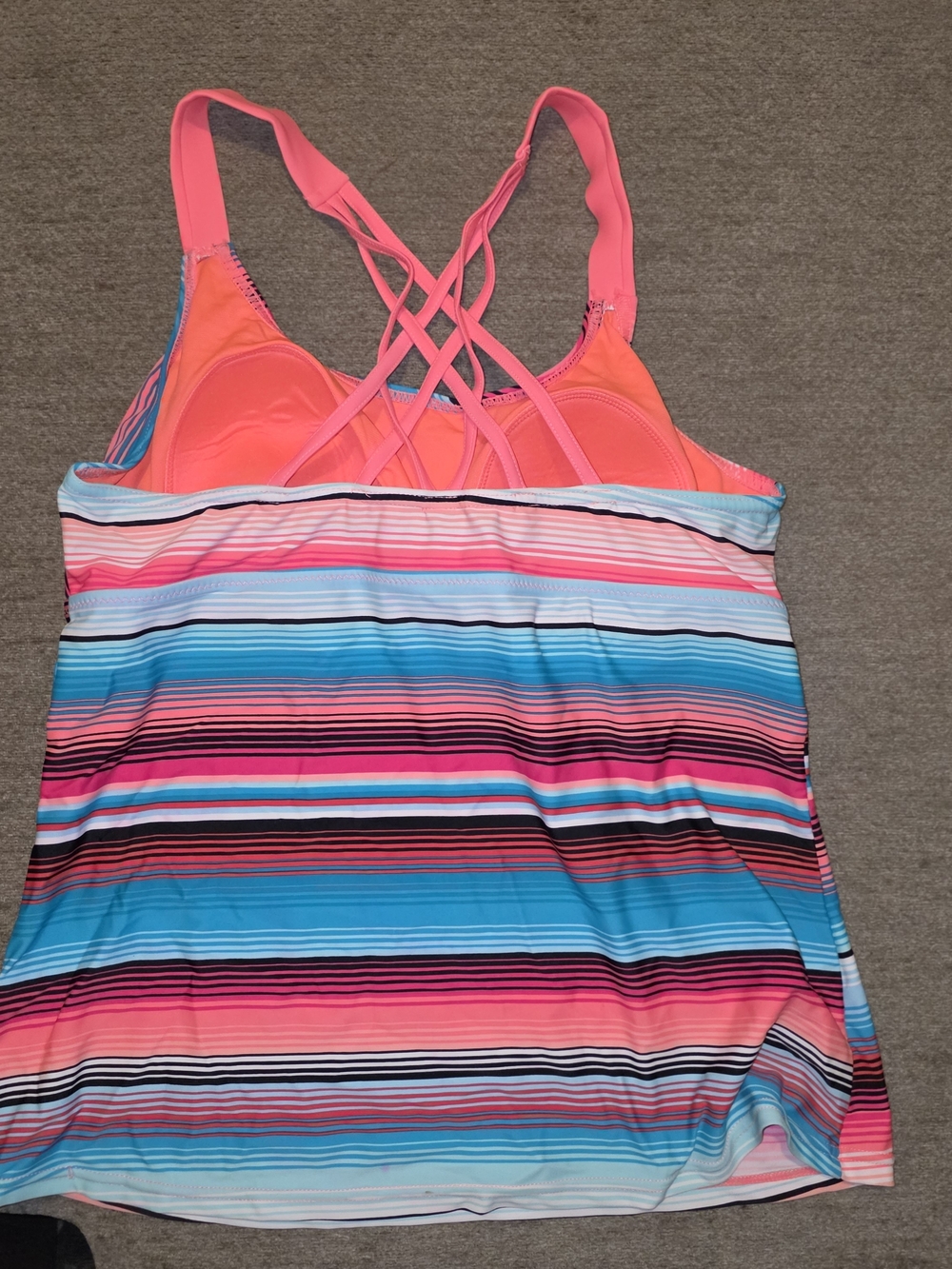 ZeroXposur Womens Tankini Swim Top Multi Striped Pink & Turquoise Crossback XL - Picture 2 of 5